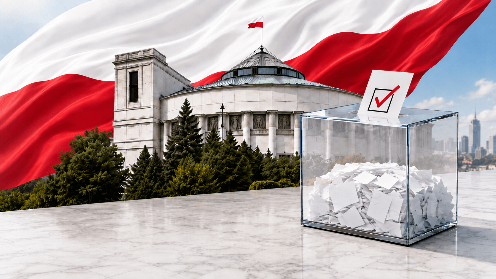 Budynek Sejmu RP na tle flagi Polski i przezroczysta urna wyborcza z kartą do głosowania